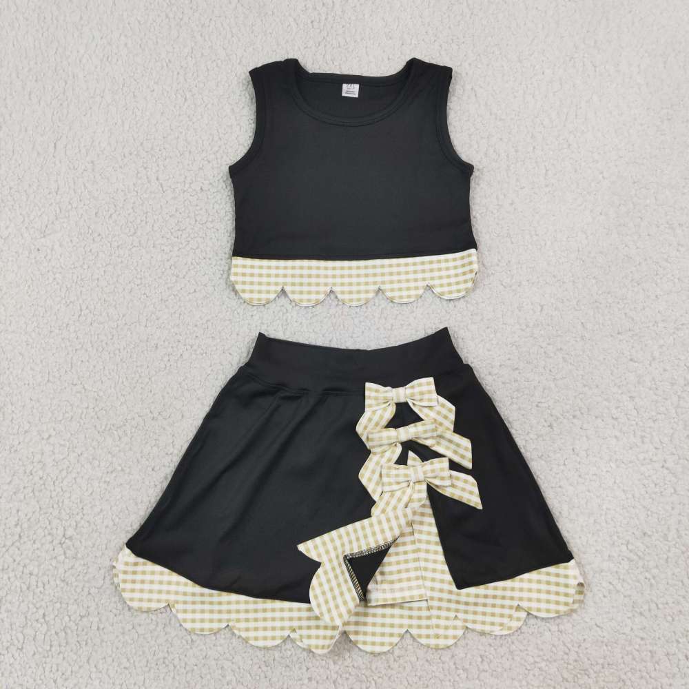 GSD4175  yellow plaid scallop print active girl yoga black skirt dress