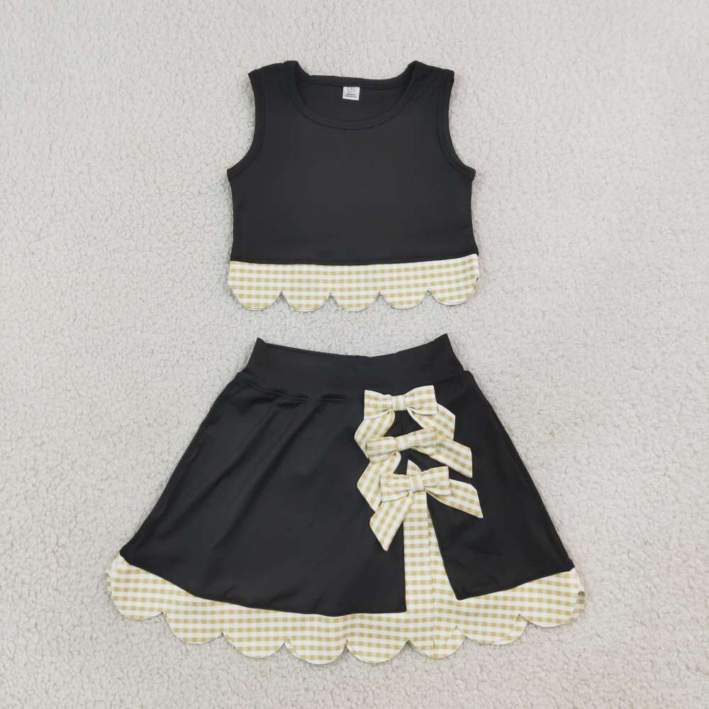GSD4175  yellow plaid scallop print active girl yoga black skirt dress