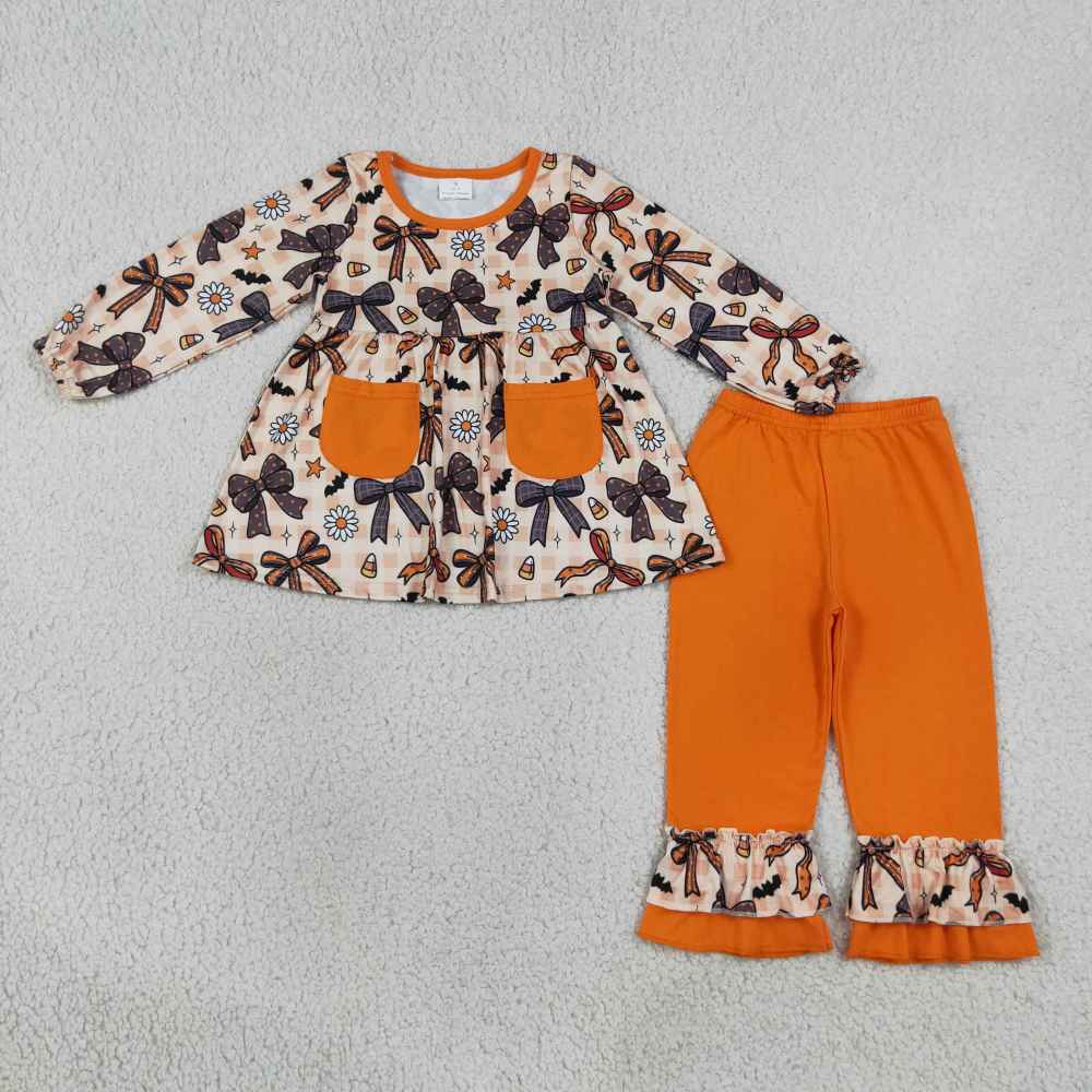 GLP3534  Halloween candy bows bat print long sleeve girl Halloween outfits