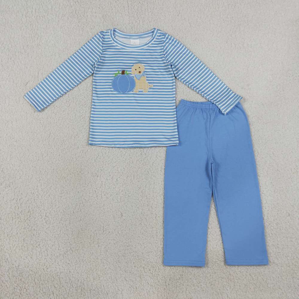 BLP1500 RTS Blue stripe puppy pumpkin embroidery long sleeve boy outfits