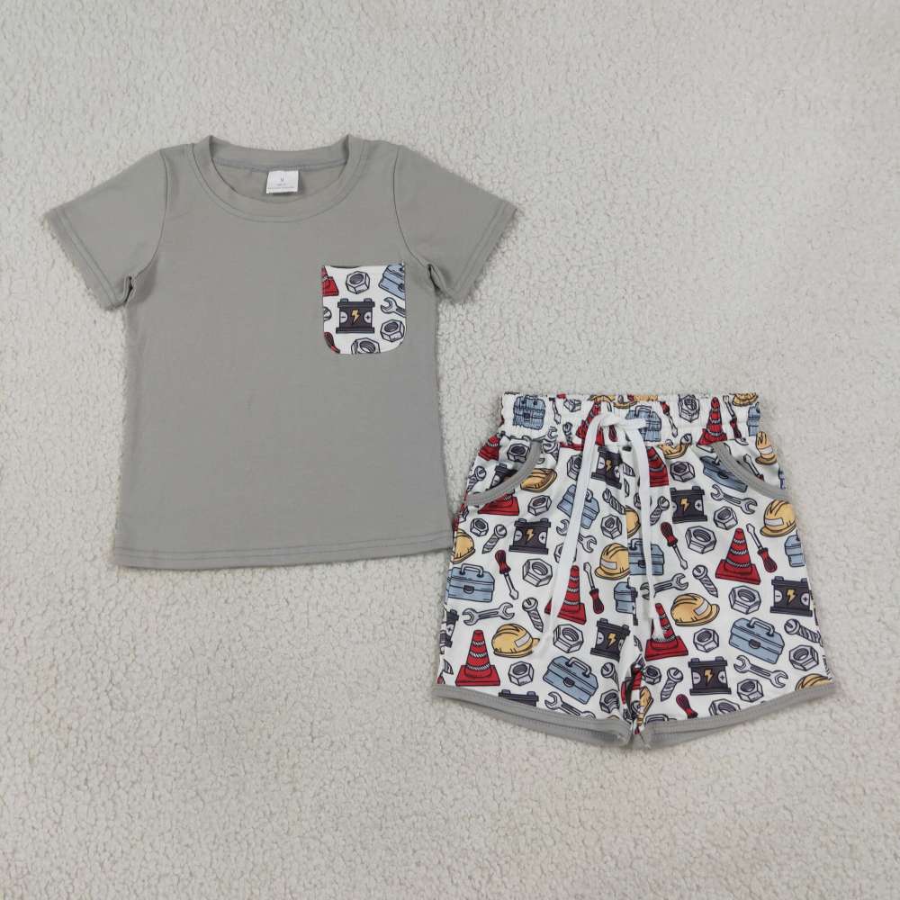 BSSO2005 RTS Grey tool embroidery short sleeve boy outfits