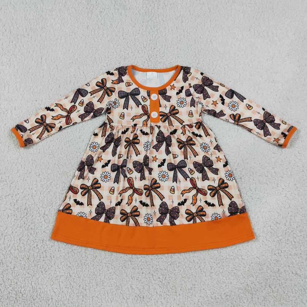 GLD1708 RTS orange pumpkin bows plaid girl summer halloween dress