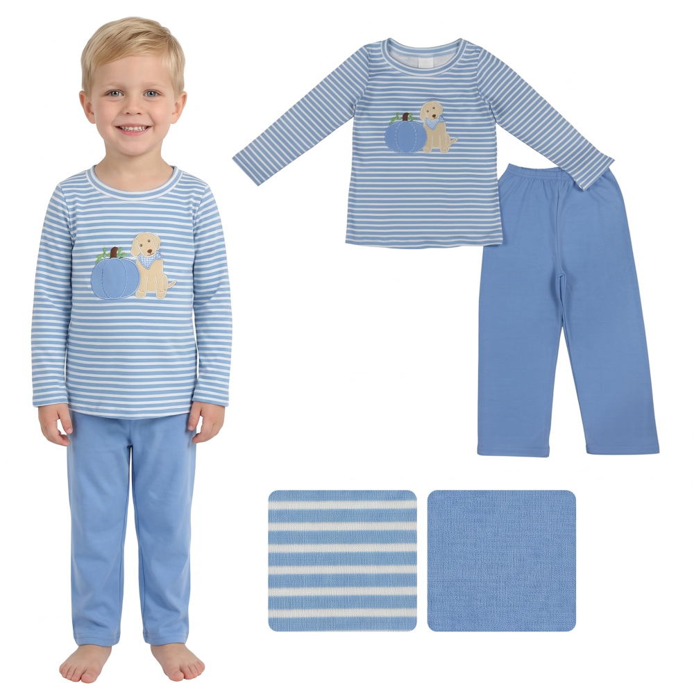 BLP1500 RTS Blue stripe puppy pumpkin embroidery long sleeve boy outfits