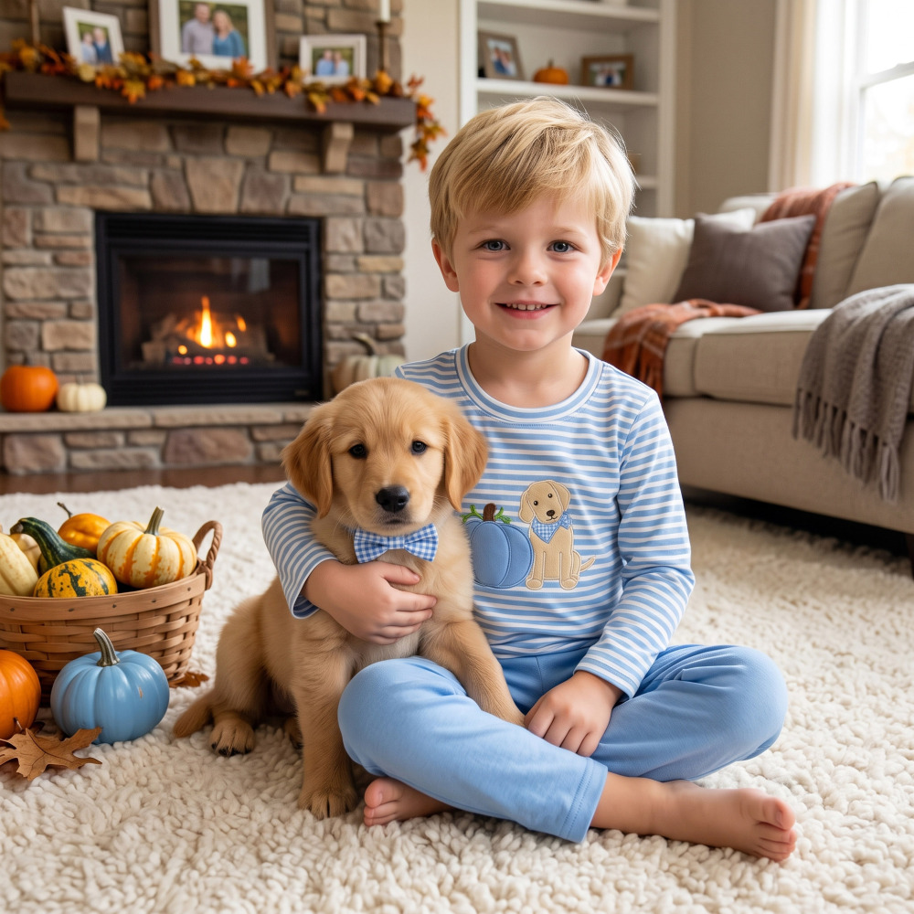 BLP1500 RTS Blue stripe puppy pumpkin embroidery long sleeve boy outfits