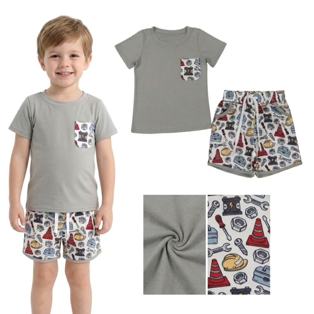 BSSO2005 RTS Grey tool embroidery short sleeve boy outfits