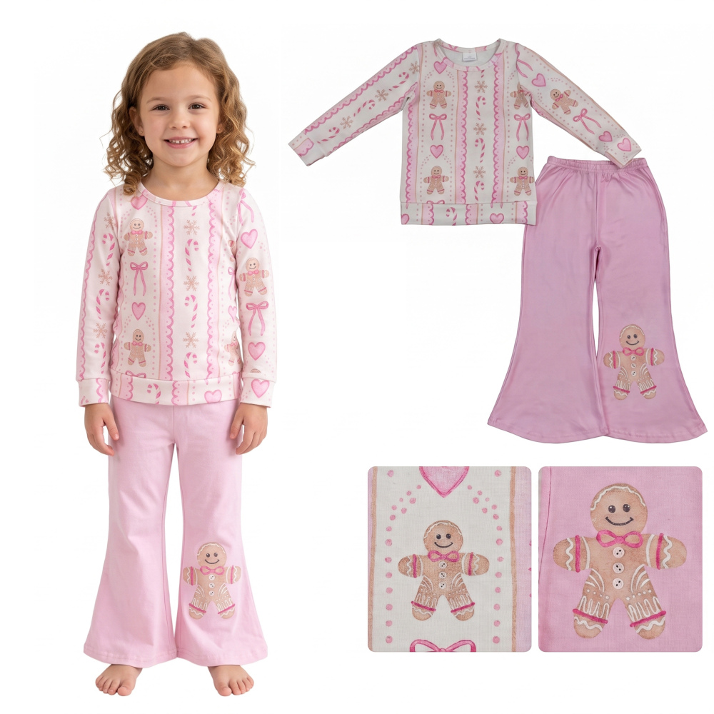 GLP3540 Pink Bows Christmas Bows gingerbread long sleeve girl outfits
