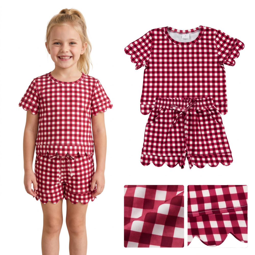 GSSO3836 red white plaid Print Short sleeve girl SCALLOP  outfits