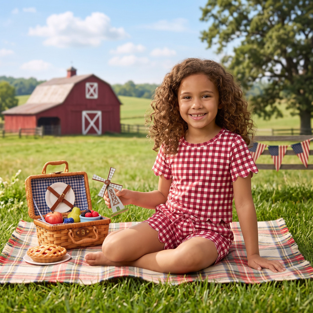 GSSO3836 red white plaid Print Short sleeve girl SCALLOP  outfits