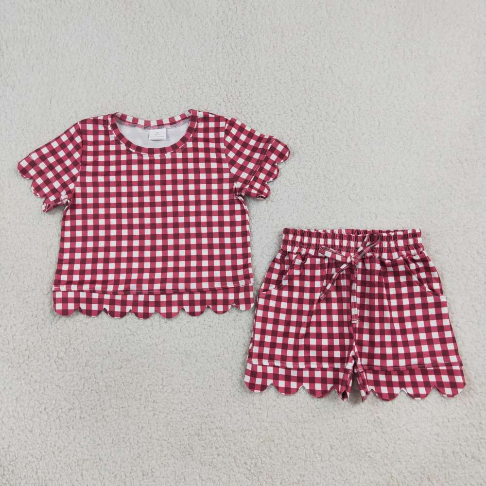 GSSO3836 red white plaid Print Short sleeve girl SCALLOP  outfits