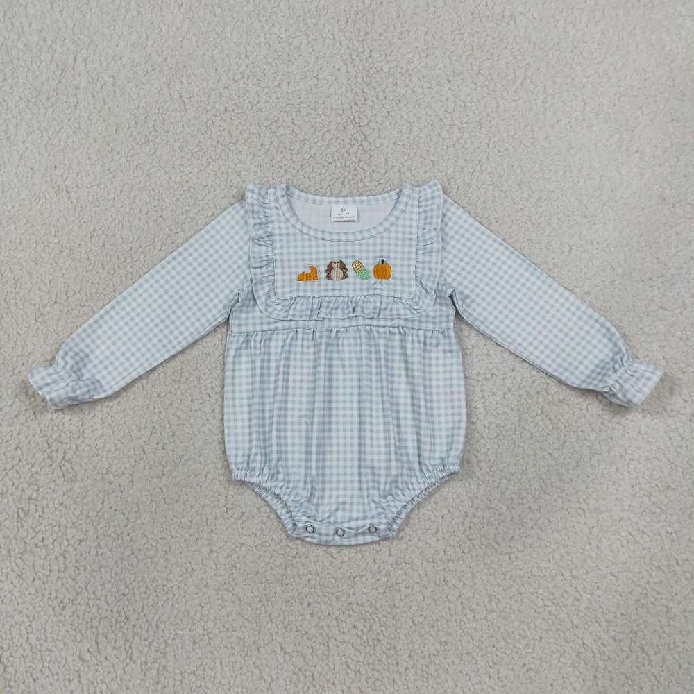 LR3014 Baby Blue plaid tnanksgiving turkey embroidery  Long sleeve Rompers