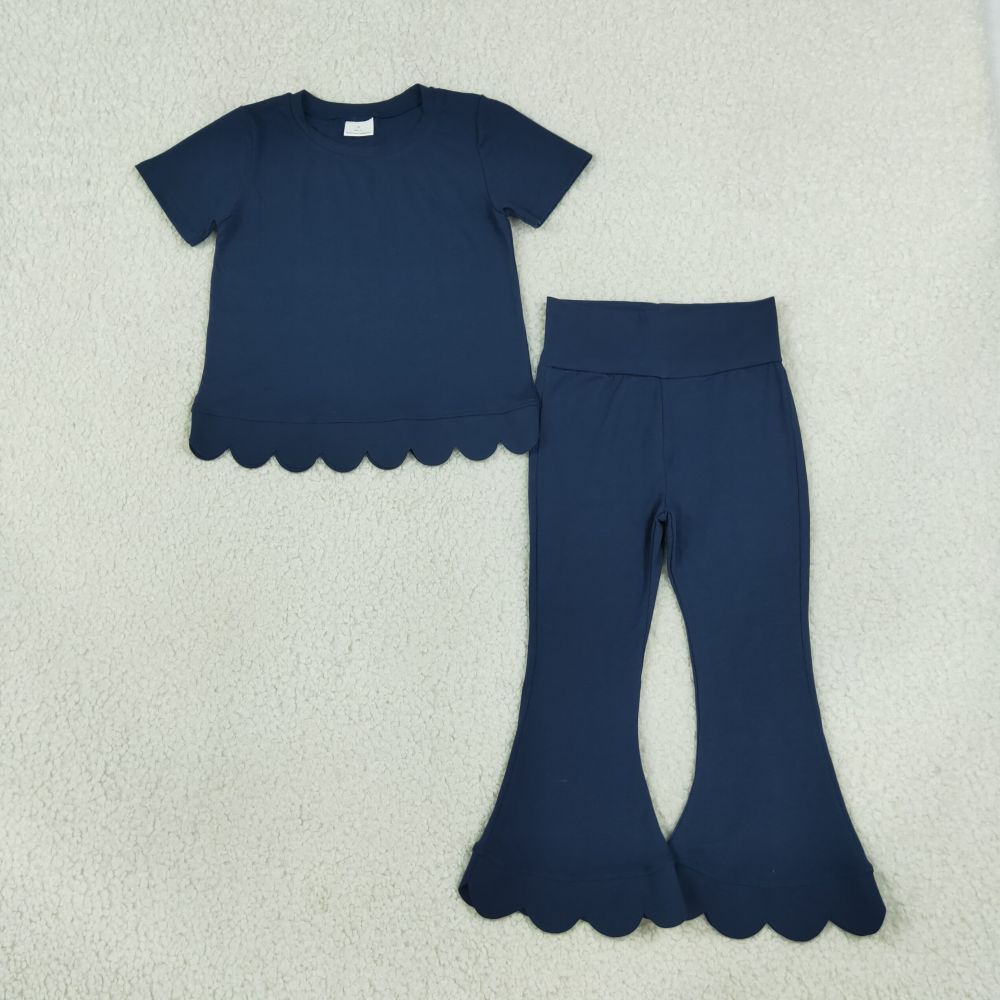 GSPO2343 NAVY Solid Print short sleeve girl scallop outfits