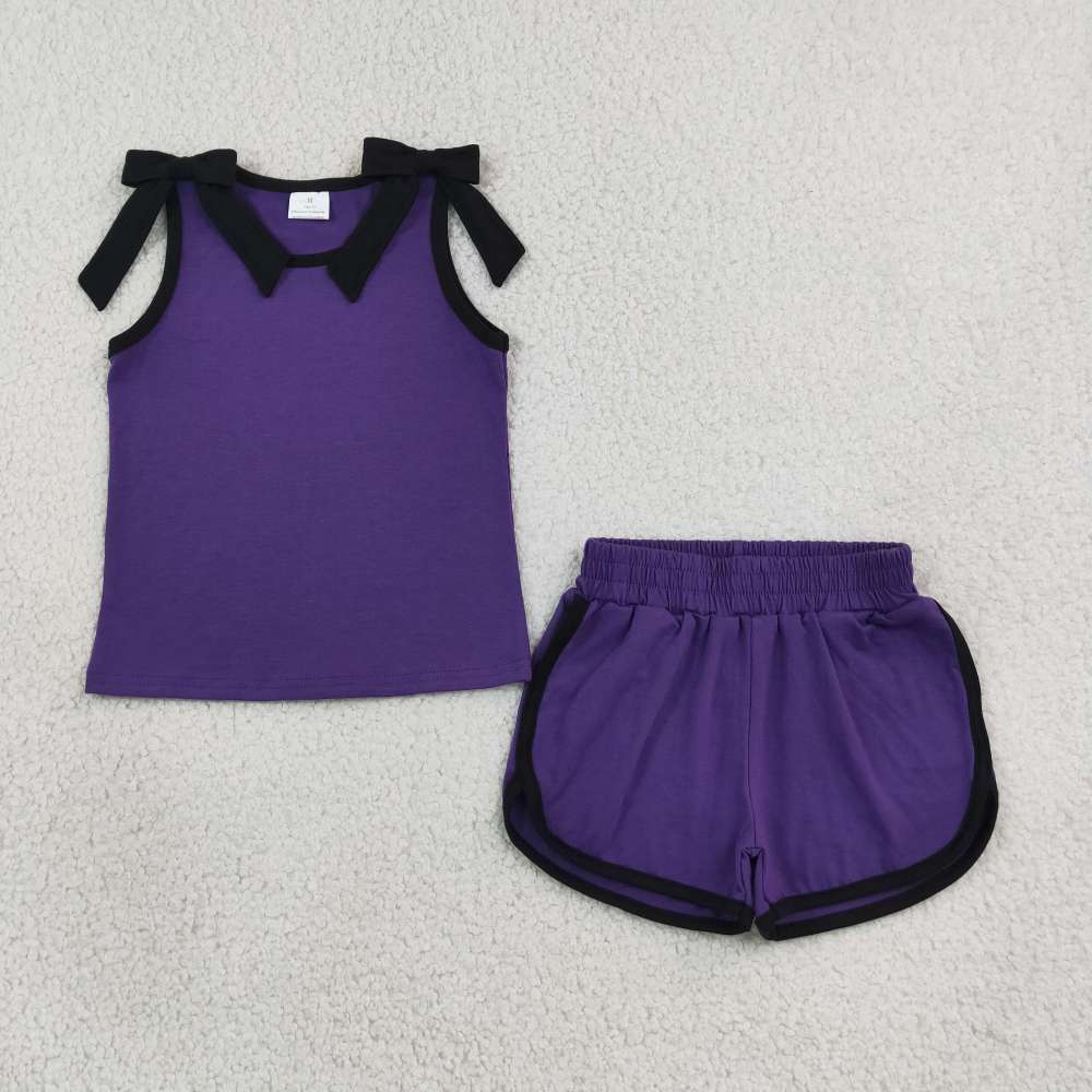 GSSO3815 Baby Girls Purple solid dark bows Sleeveless Top Short school Team Clothes Sets