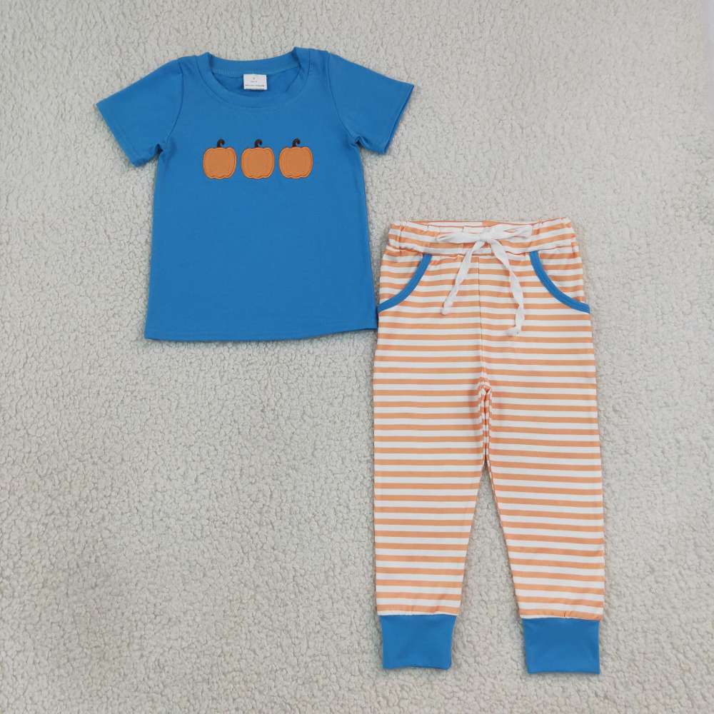 BSPO0693 RTS Blue  pumpkin embroidery Short sleeve boy outfits