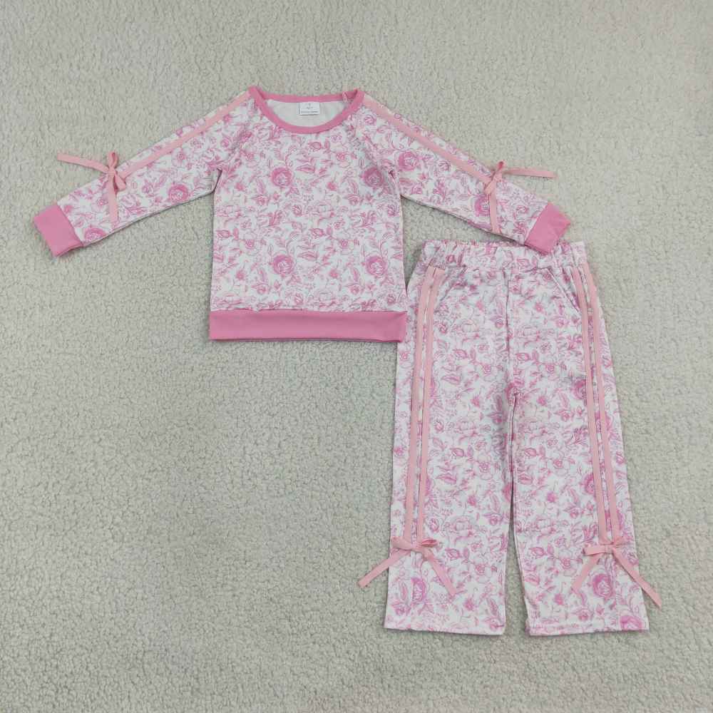 GLP3366 Pink flowers Print long sleeve girl outfits