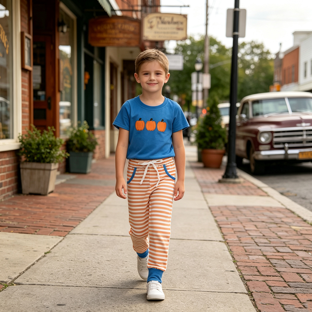 BSPO0693 RTS Blue  pumpkin embroidery Short sleeve boy outfits