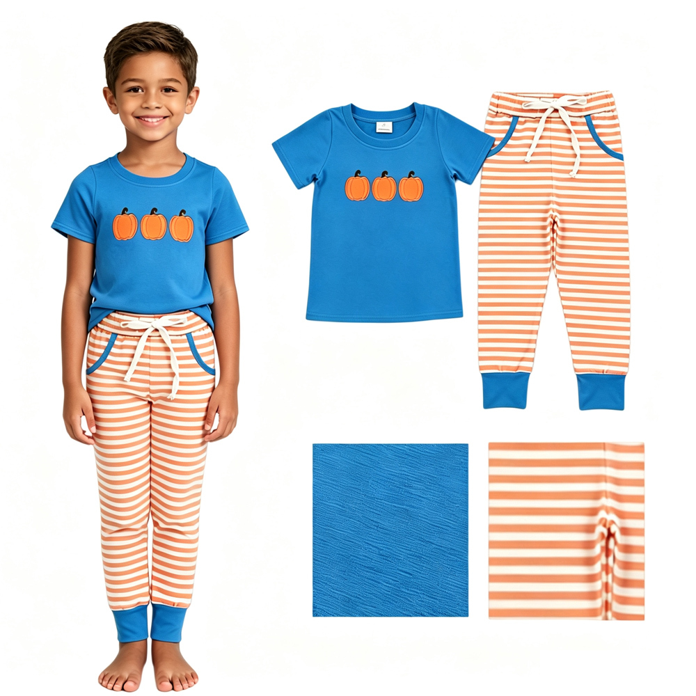 BSPO0693 RTS Blue  pumpkin embroidery Short sleeve boy outfits