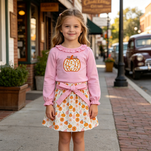 GLD1641 Pink fall pumpkin flowers print active girl skirt dress