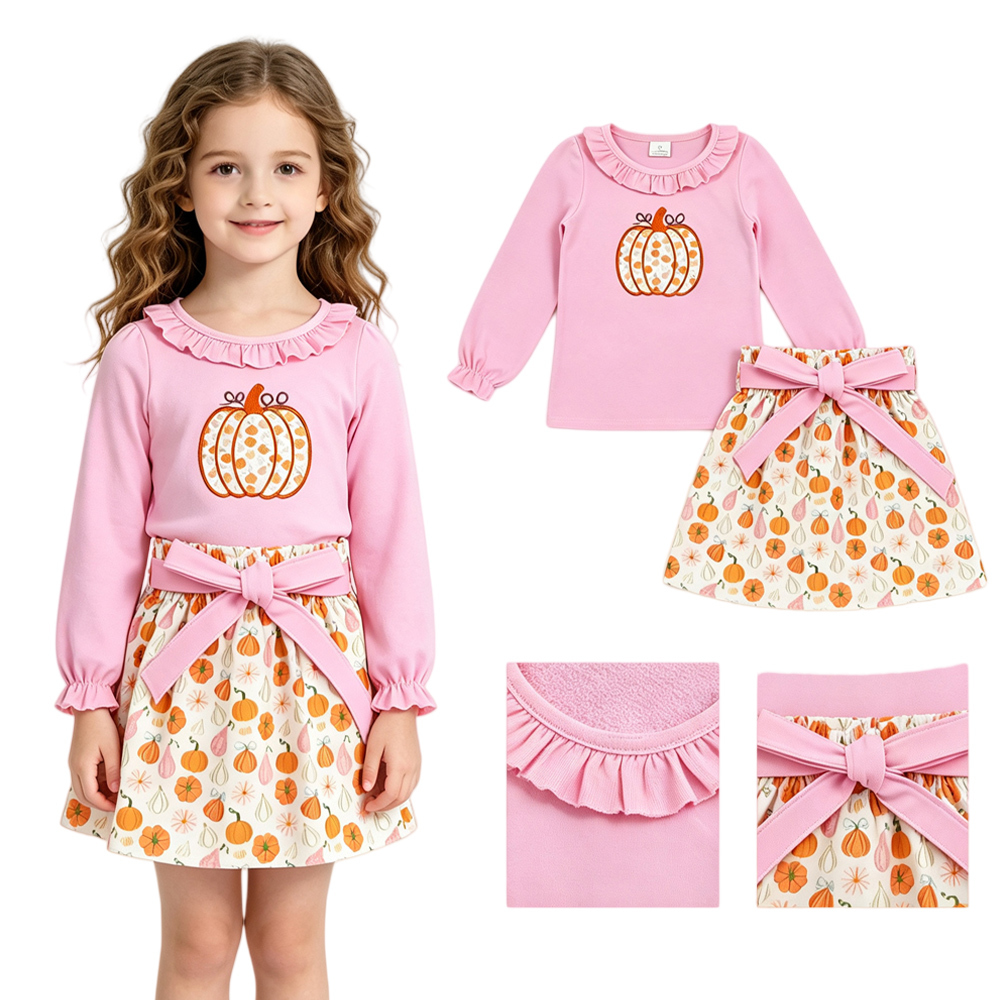 GLD1641 Pink fall pumpkin flowers print active girl skirt dress