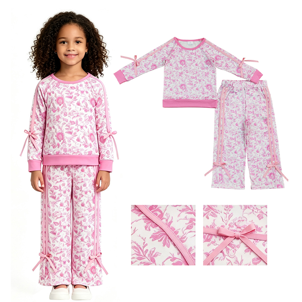 GLP3366 Pink flowers Print long sleeve girl outfits
