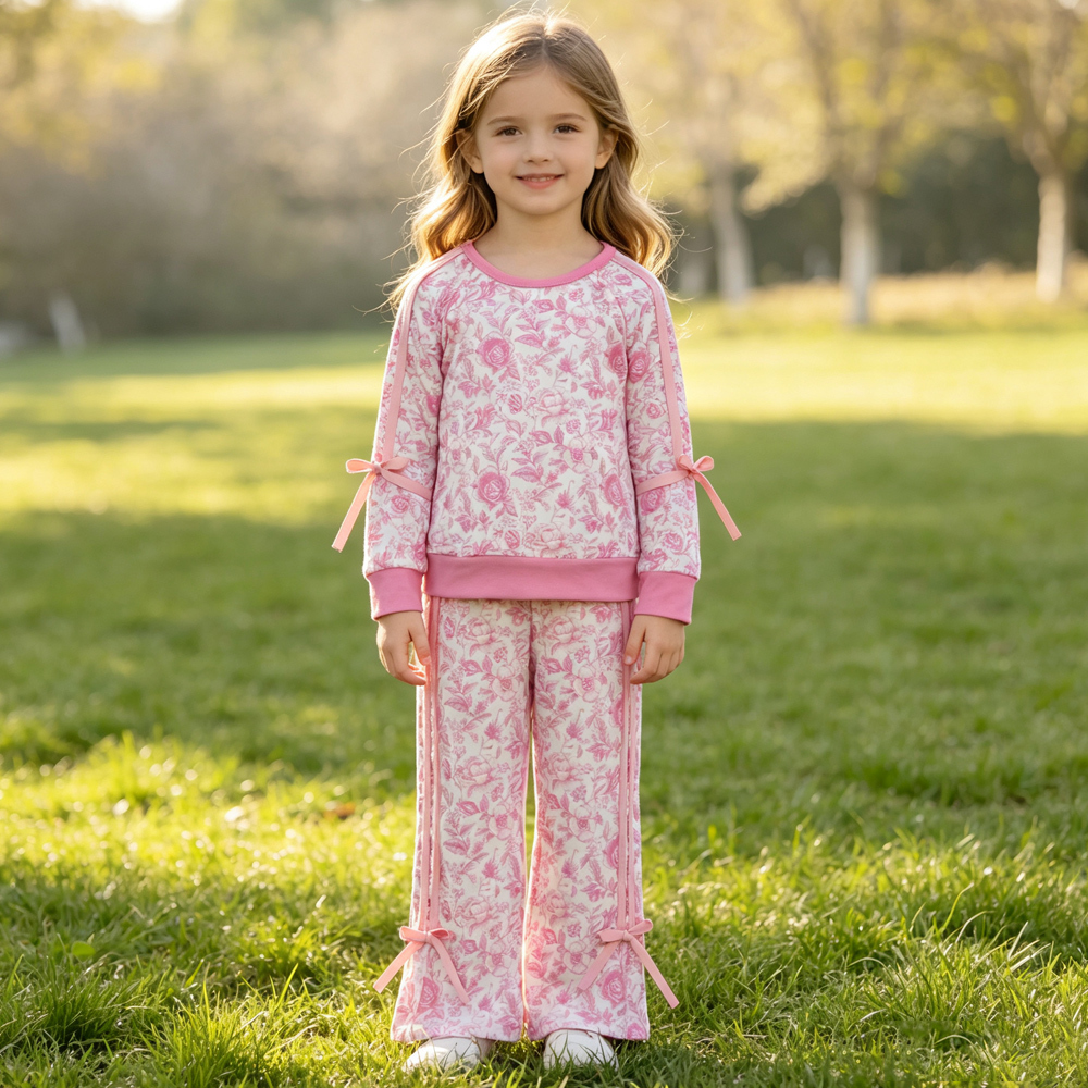 GLP3366 Pink flowers Print long sleeve girl outfits