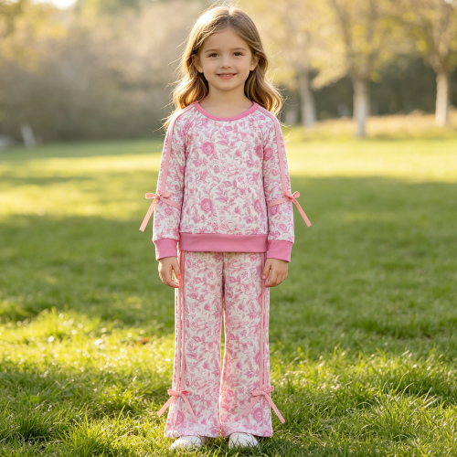 GLP3366 Pink flowers Print long sleeve girl outfits