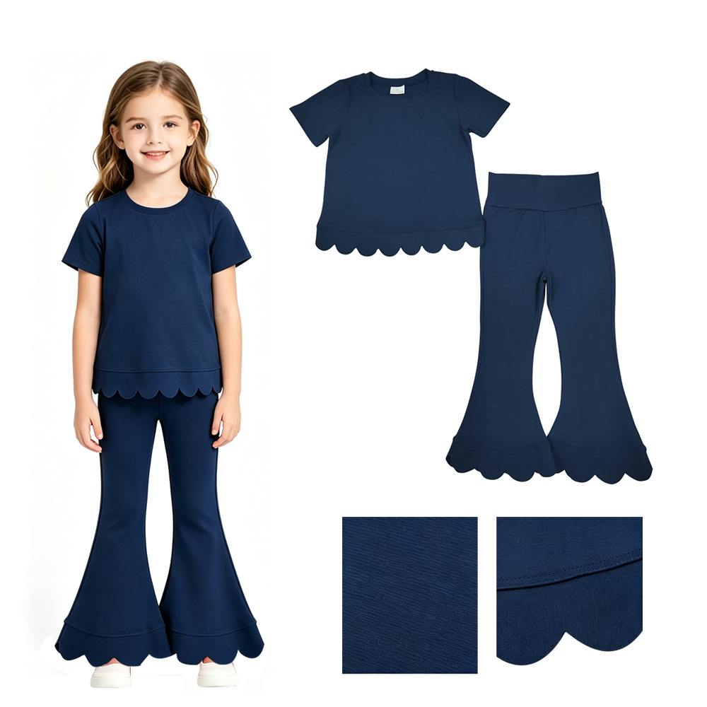 GSPO2343 NAVY Solid Print short sleeve girl scallop outfits