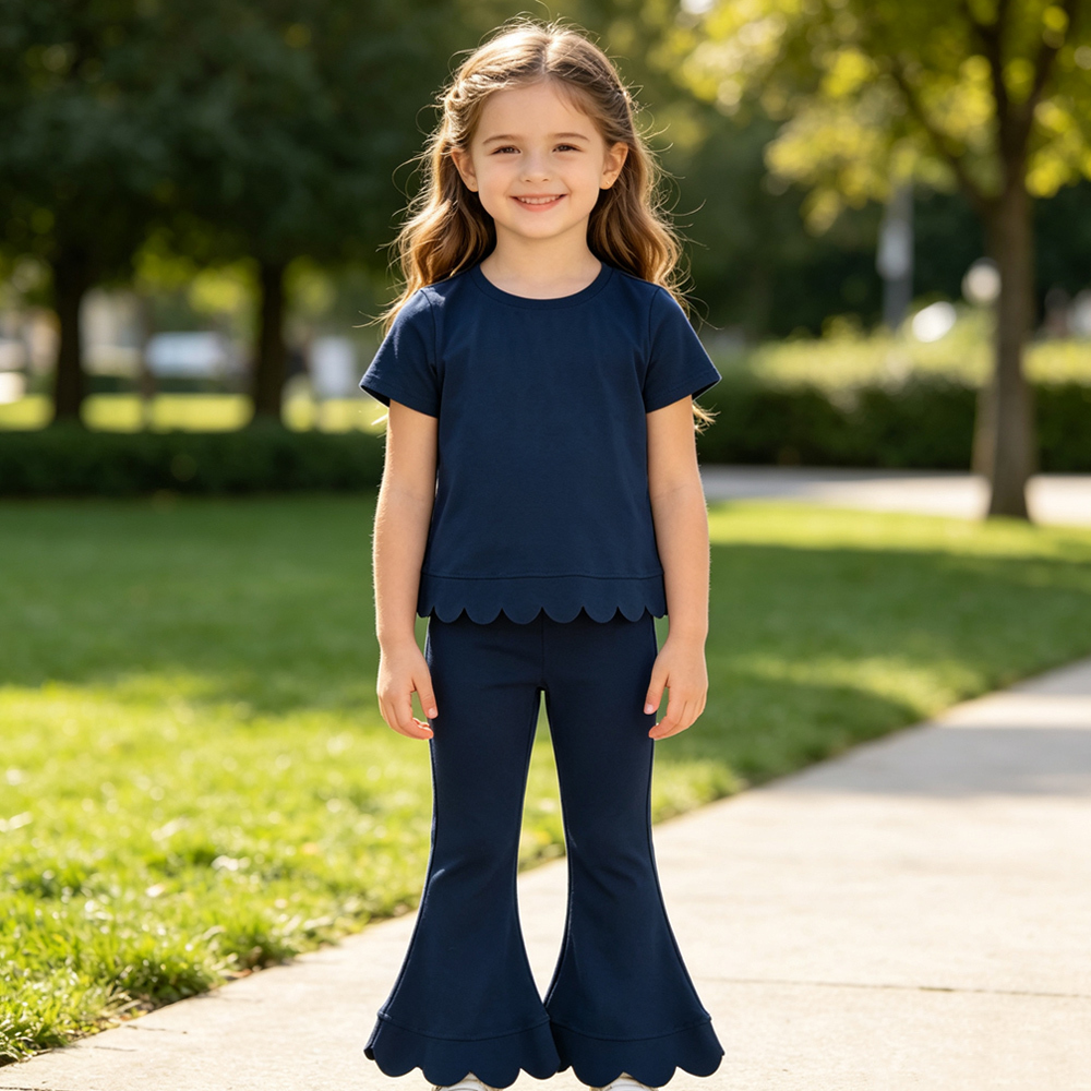 GSPO2343 NAVY Solid Print short sleeve girl scallop outfits