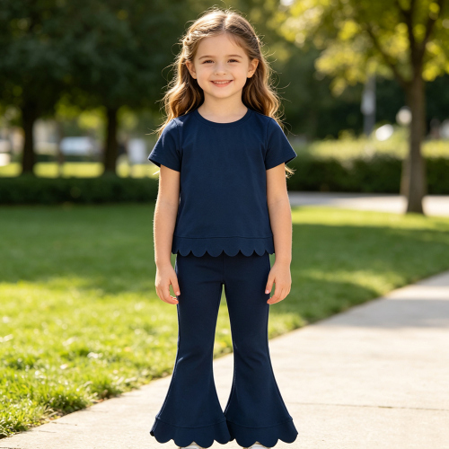 GSPO2343 NAVY Solid Print short sleeve girl scallop outfits