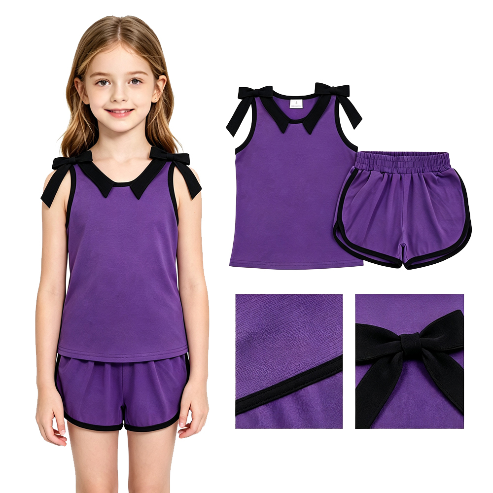 GSSO3815 Baby Girls Purple solid dark bows Sleeveless Top Short school Team Clothes Sets