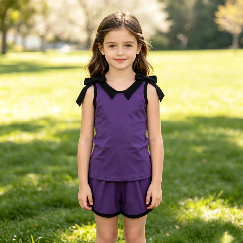 GSSO3815 Baby Girls Purple solid dark bows Sleeveless Top Short school Team Clothes Sets