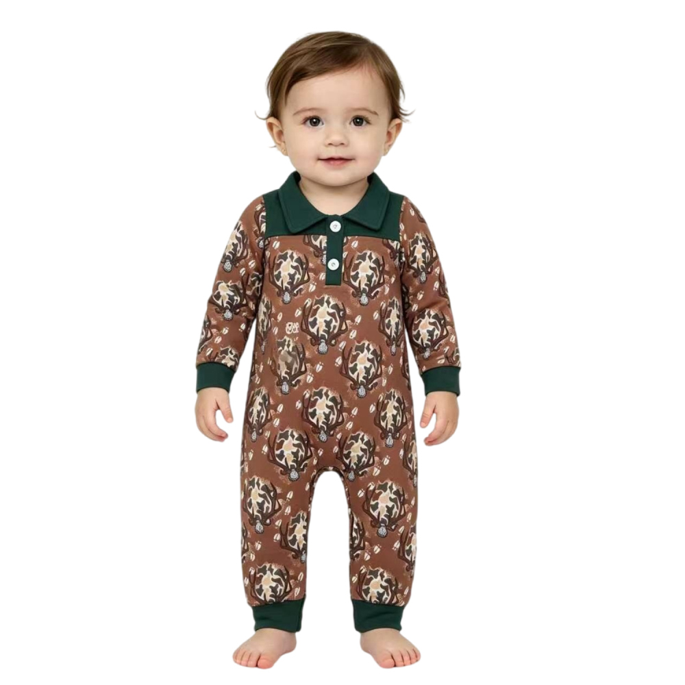 LR3013 Baby Brown camo deer print Long sleeve Rompers