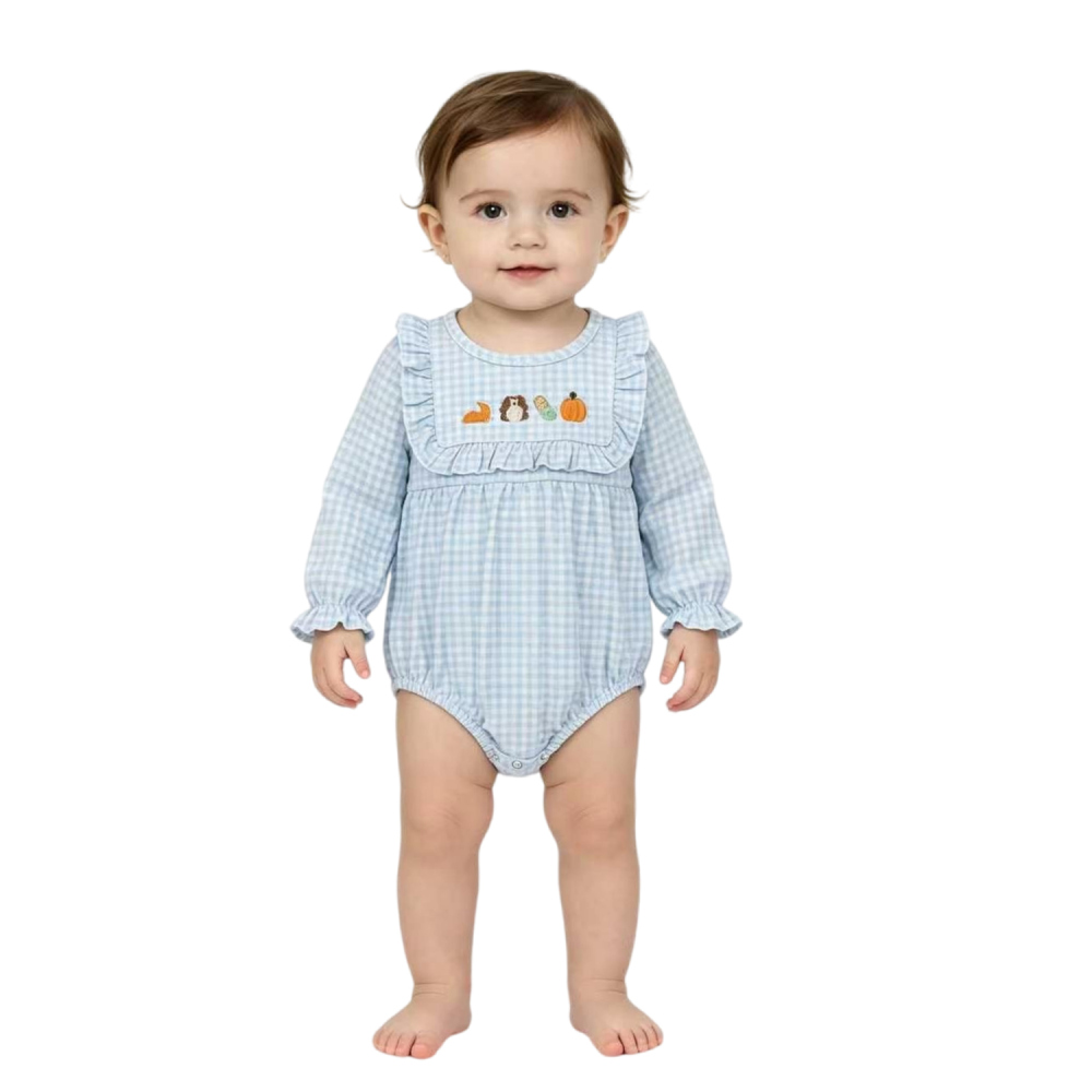 LR3014 Baby Blue plaid tnanksgiving turkey embroidery  Long sleeve Rompers