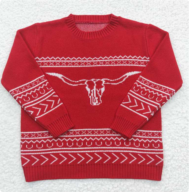 BT0218 Baby Girls Red Cow Western Long Sleeve Sweaters