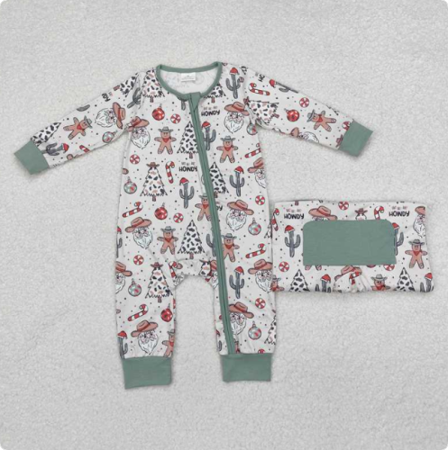 LR1674 Cowboy Hat Santa Claus Cactus Gingerbread Man Beige Zipper Long-Sleeved Romper