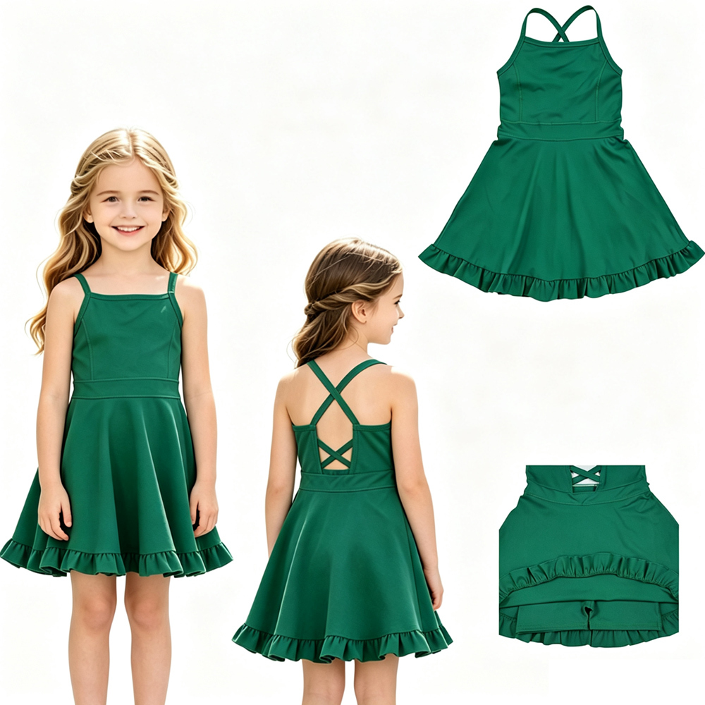 S0782  RTS Green solid print active girl yoga athletic dress