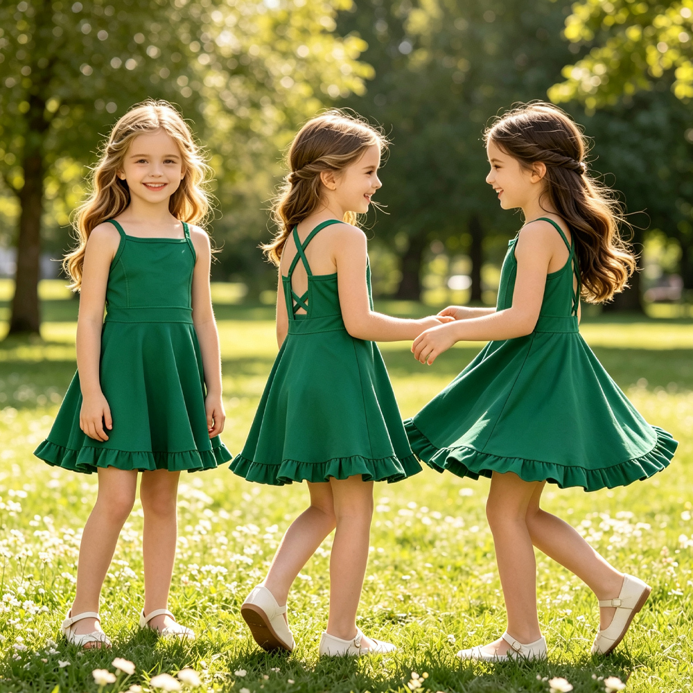 S0782  RTS Green solid print active girl yoga athletic dress