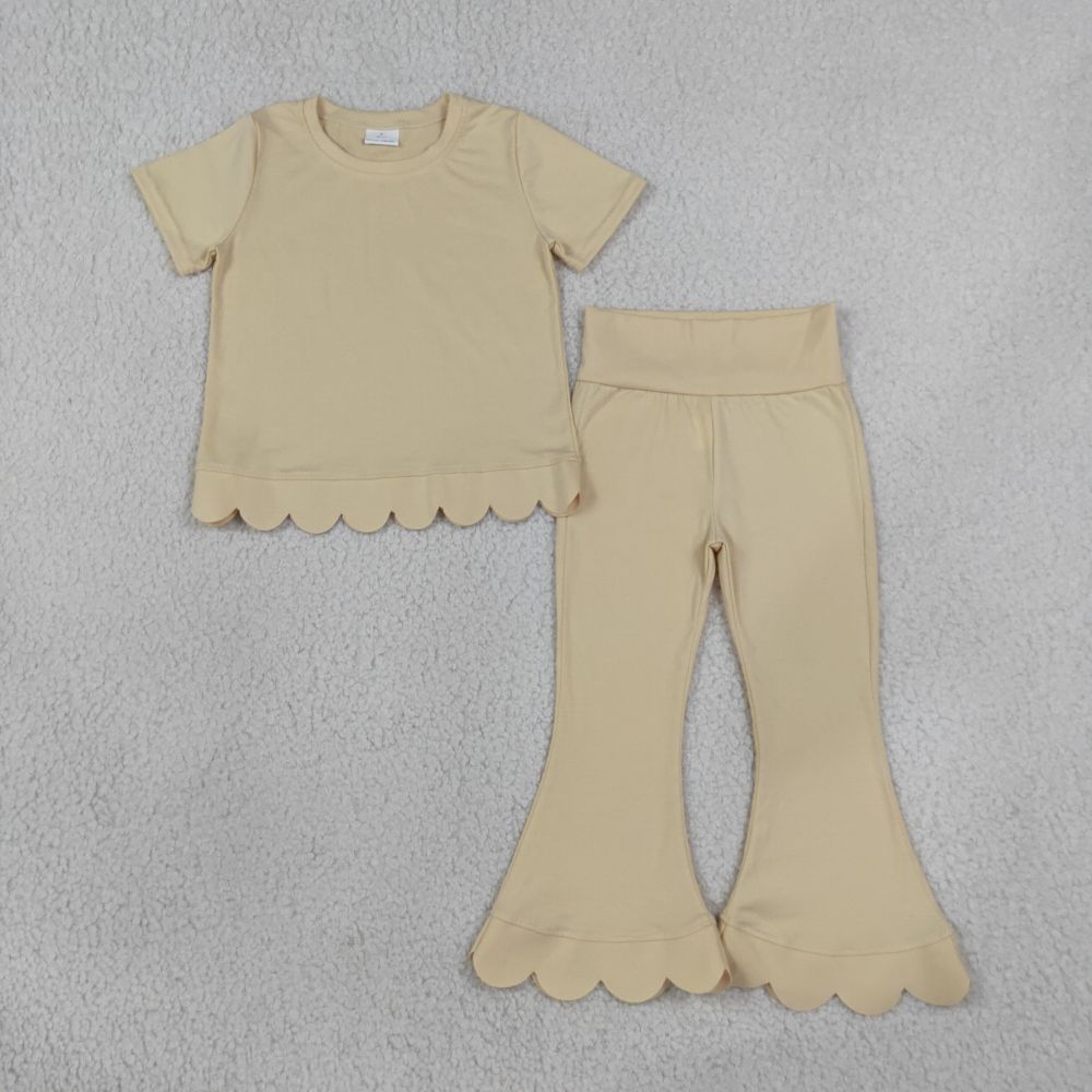 GSPO2340 Cream color Solid Print short sleeve girl scallop outfits