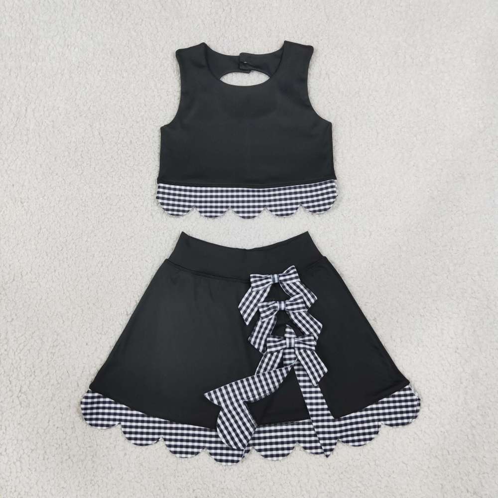 GSD41176 Black solid scallop print active girl yoga black skirt dress