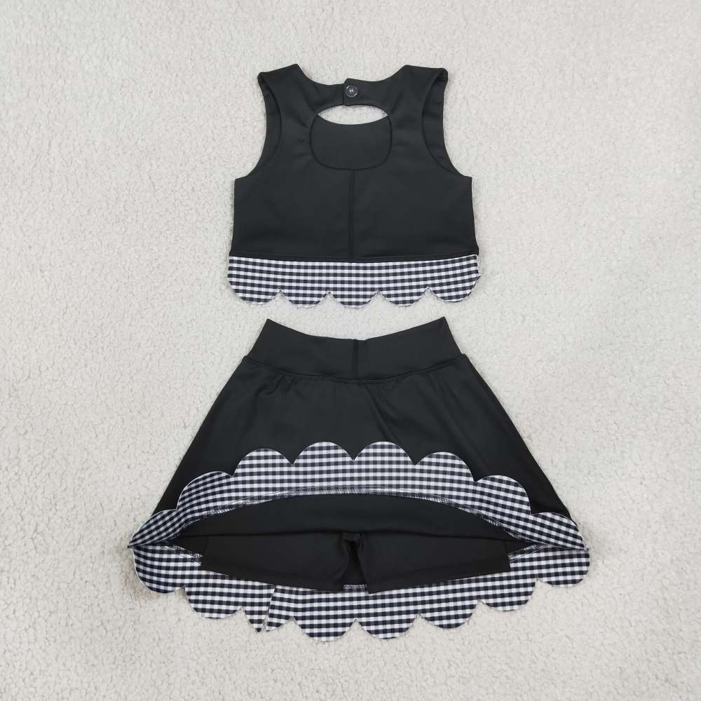 GSD41176 Black solid scallop print active girl yoga black skirt dress