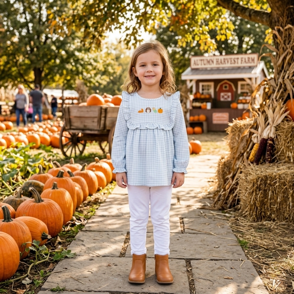 GLP3409 Grey camo thanksgiving day turkey embroidery long sleeve girl outfits