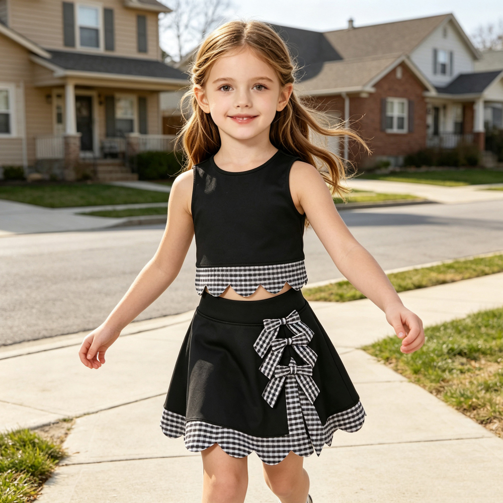 GSD41176 Black solid scallop print active girl yoga black skirt dress