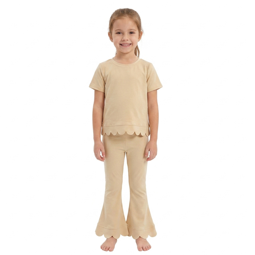 GSPO2340 Cream color Solid Print short sleeve girl scallop outfits