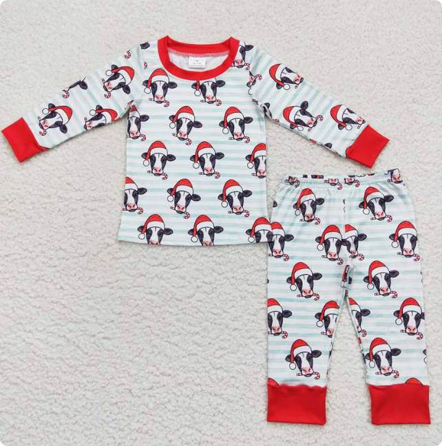 BLP0356 Christmas hat, cow striped long-sleeved shirt and pants set
