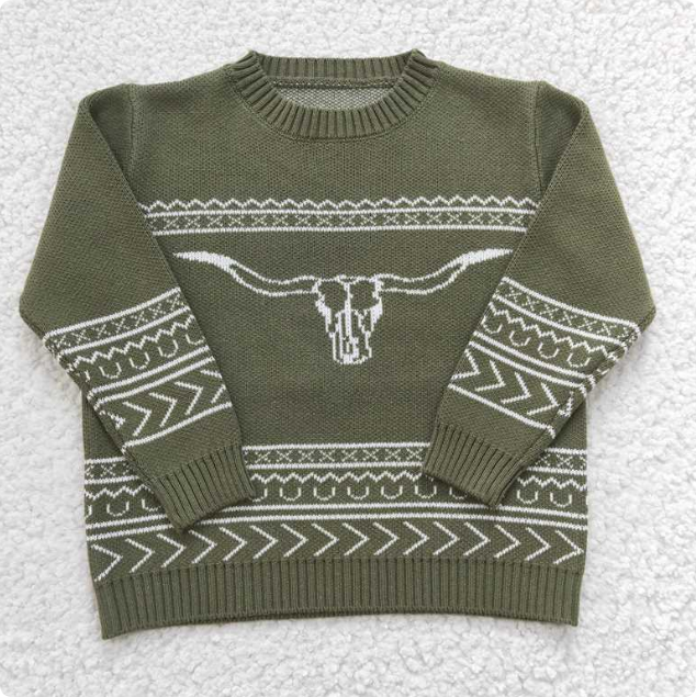 BT0178 Boy's green long-sleeved sweater with bull's head design