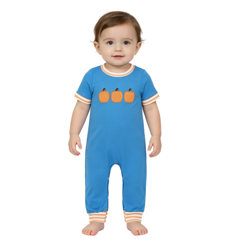 LR4285 Baby Blue Pumpkin embroidery Long sleeve fall Rompers