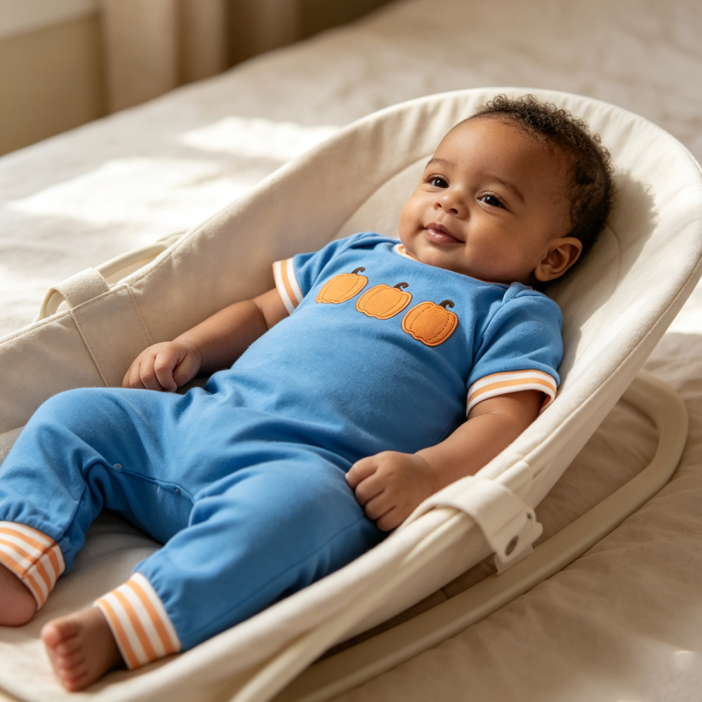 LR4285 Baby Blue Pumpkin embroidery Long sleeve fall Rompers