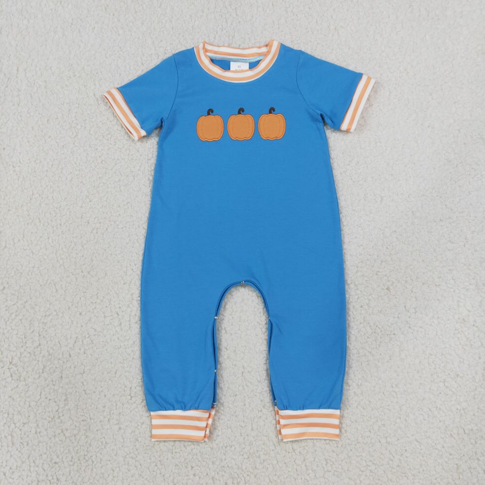 LR4285 Baby Blue Pumpkin embroidery Long sleeve fall Rompers