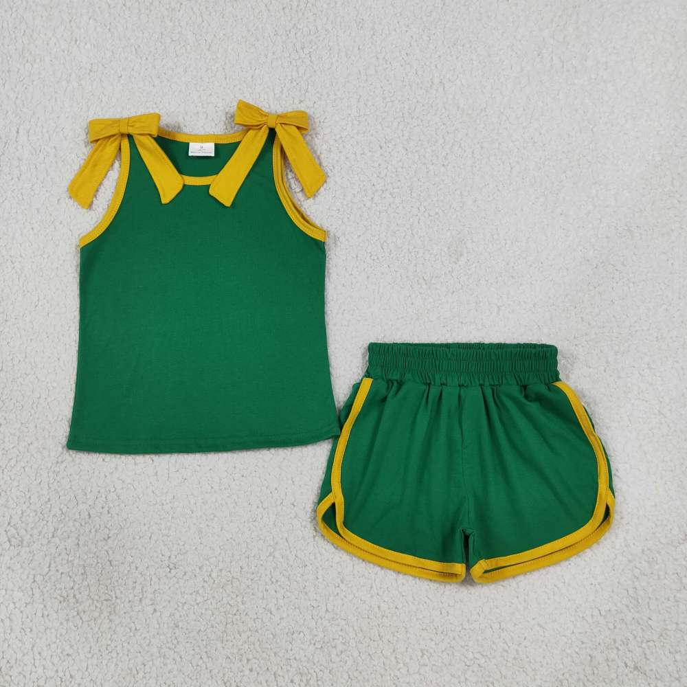 GSSO3815 Baby Girls Green solid Sleeveless Top Short school Team Clothes Sets