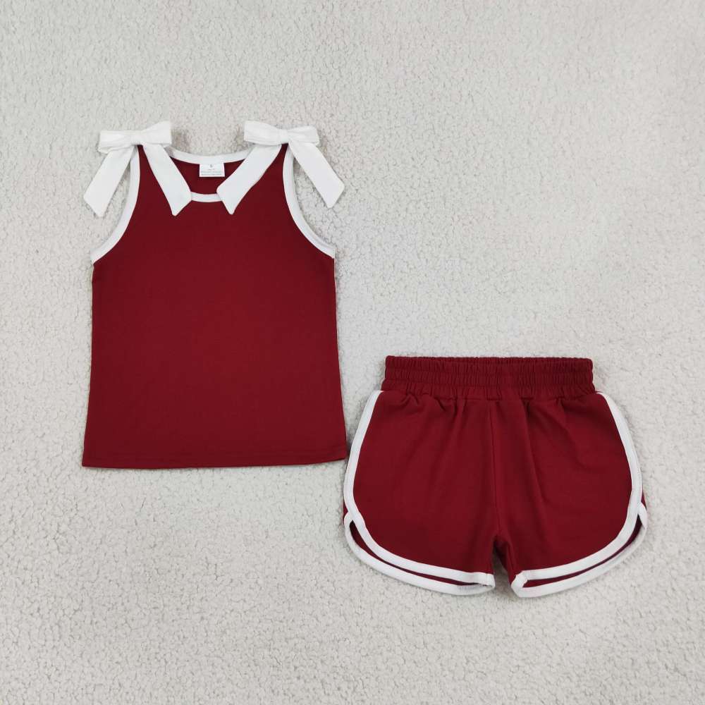 GSSO3855 Baby Girls Red solid Sleeveless Top Short school Team Clothes Sets