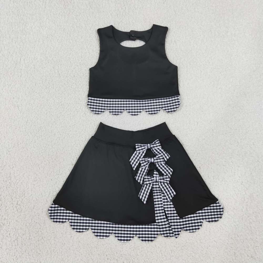 GSD41176 Black solid scallop print active girl yoga black skirt dress